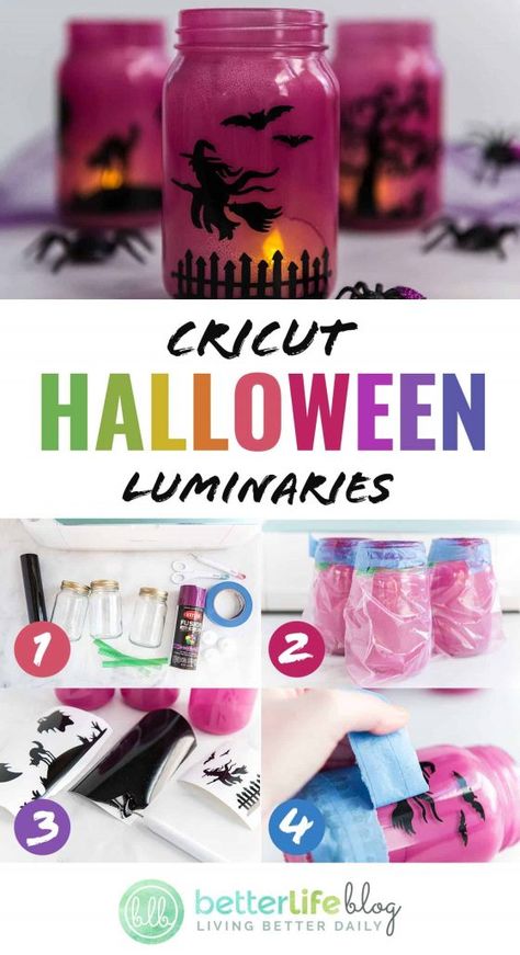 Cricut Luminaries, Mason Jar Halloween Crafts, Halloween Luminaries, Mason Jar Luminaries, Halloween Jars, Halloween Mason Jars, Halloween Lanterns, Cricut Halloween, Diy Cricut