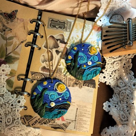 Starry Night,  Vincent Van Gogh. Starry Night Clay, Starry Night Painting, Polymer Clay Jewellery, Clay Jewellery, Polymer Clay Pendant, Jewellery Designer, Night Painting, Artistic Jewelry, Polymer Clay Jewelry