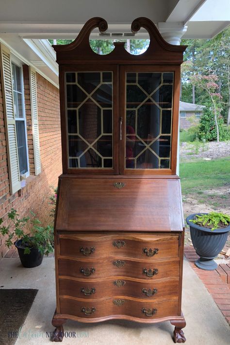 Secretary “Cottage” Desk Makeover - The Latina Next Door Painted Vintage Secretary Desk, Secretary Desk Makeup Vanity, Bleached Wood Secretary Desk, Secretary Desk Make Over, Decorating A Secretary Desk, Antique Secretary Desks Makeover, How To Decorate A Secretary Desk, Art Deco Secretary Desk, Updated Secretary Desk