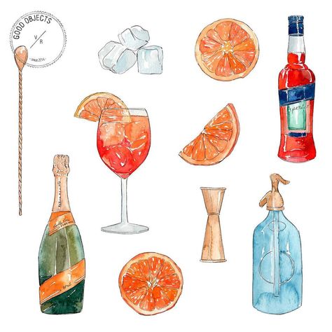 Good objects - Is it friday yet? 😬🍹 Illustrations for @panzapeople #aperol #aperolspritz #foodillustration #watercolorfood... Aperol Print, Good Objects, Is It Friday Yet, Is It Friday, Cocktail Illustration, Bottle Drawing, Wine Bottle Design, It Friday, Watercolor Food