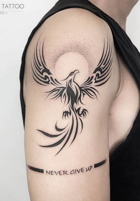 Tribal phoenix tattoo by @anothertattoo.hn_ Phoenix Tattoo, A Tattoo, Never Give Up, Phoenix, Tattoos, Black