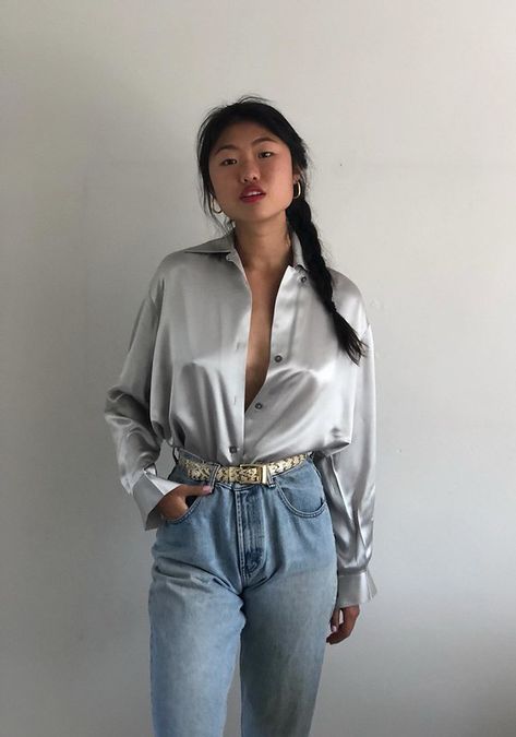 Grey Blouse Outfit, Silk Blouse Outfit, Silk Shirt Outfit, Satin Bow Blouse, Silver Blouse, Fashion Tops Blouse, Satin Blouses, Gray Silk, Ellen Tracy