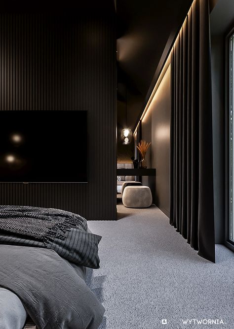 Dark Ceiling Bedroom, Dark Modern House Interiors, Dark Modern Bedroom, Modern Black Bedroom, Monochrome Bedroom, Luxe Bedroom, Black Rooms, Dark Modern, Corner Sofa Design