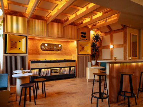 Japanese Bar Design, Japanese Bar, Concrete Terrazzo, Sound Wall, Nyc Bars, Cocktails Bar, Listening Room, Record Covers, Pet Fish