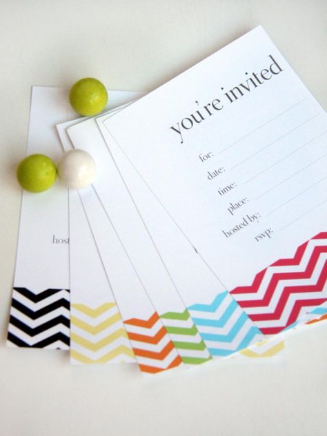 Are you set on a particular color scheme for your party? Kim Stoegbauer of The TomKat Studio created a simple chevron-patterned invitation in a variety of vibrant hues, including yellow, orange, turquoise and pink. You can even promote a sophisticated black-and-white cocktail party by sending out the invite patterned in black. Birthday Freebies, Free Printable Birthday Invitations, Birthday Party Printables, Free Printable Invitations, Party Invitations Printable, Party Printables Free, Free Birthday, Printable Birthday Invitations, Free Birthday Invitations