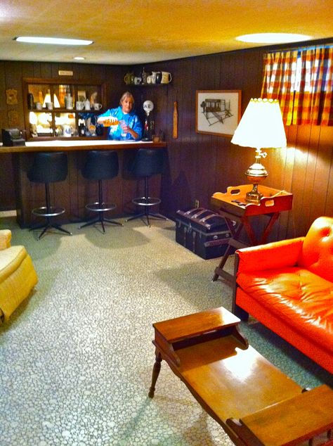 Shaken & stirred in my childhood "rumpus room" ... #decor 1950s Basement, Basement Mid Century Modern, Retro Carpet Living Room, Mcm Game Room, 70s Rumpus Room, 60s Basement, 1970s Basement, 70s Man Cave, Mcm Basement