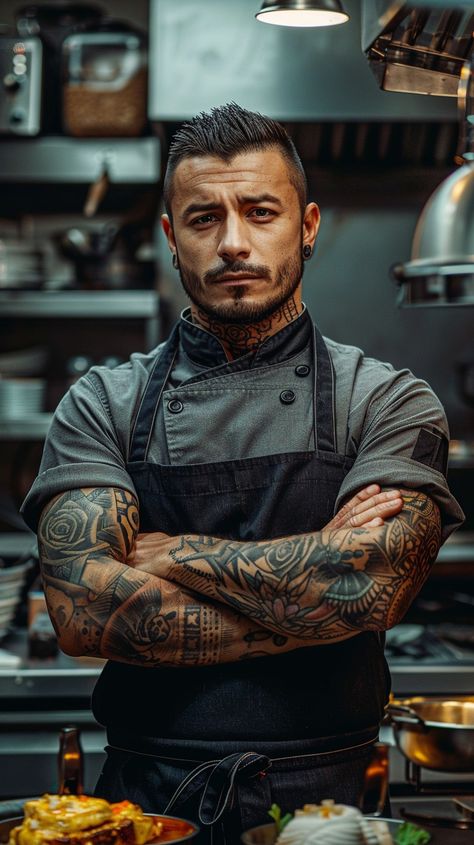 Tattooed Chef Posing: A #confident #tattooed #chef with arms crossed stands in his #kitchen, showcasing his #culinary workspace and expertise. #cooking #professional #aiart #aiphoto #stockcake ⬇️ Download and 📝 Prompt 👉 https://stockcake.com/i/tattooed-chef-posing_844017_416627 Chef Lifestyle Photography, Male Baker Aesthetic, Kitchen Staff Photography, Culinary Senior Pictures, Chef Photoshoot Ideas Photo Shoot, Chef Pictures Image Cooking, Chefs Photoshoot, Male Chef Aesthetic, Cooking Portrait