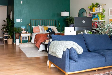 This idea could cost you little to nothing. Small End Table Ideas, Maximalist Bedrooms, Seaside Inn, Small End Table, Blue Sectional, Green Desk, Cheap Chairs, West Home, Diy End Tables