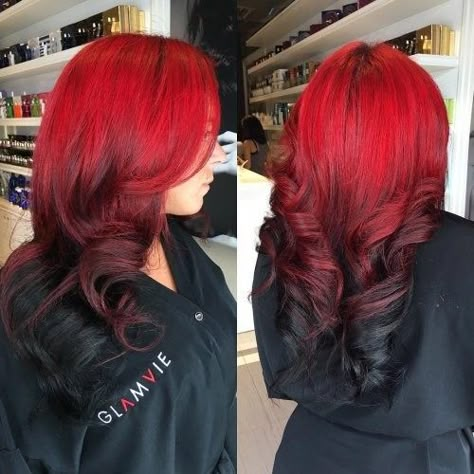 Red To Black Ombre Hair Reverse, Red On Top Black On Bottom Hair, Red To Black Hair, Red Hair Black Tips, Black Hair Red Tips, Ombre Hair Red, Pelo Color Vino, Reverse Ombre Hair, Rose Gold Hair Brunette