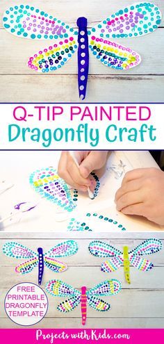 Dragonfly Template, Dragonfly Craft, Painted Dragonfly, Dragon Fly Craft, Q Tip Painting, Fly Craft, Insect Crafts, Art Project For Kids, Bug Crafts