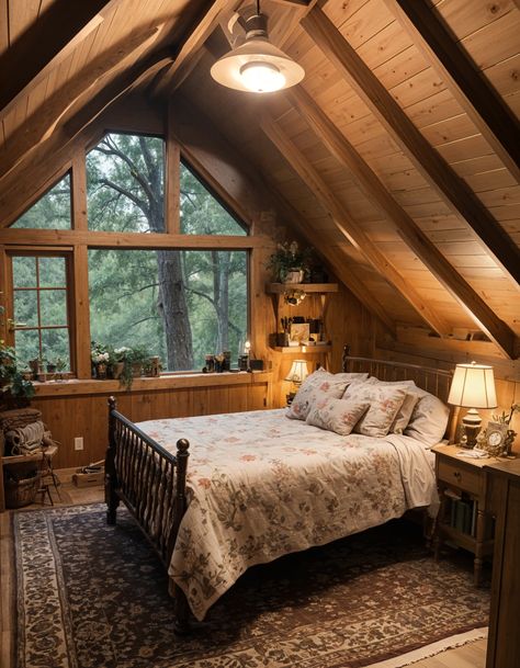 Cozy Attic Bedroom 🏠💤 Pitched Roof Bedroom, Cozy Attic Room, Cool Attic Rooms, Attic Bedroom Ideas Angled Ceilings, Cozy Attic Bedroom, Cabin Room, Cozy Attic, Angled Ceilings, Roof Shapes