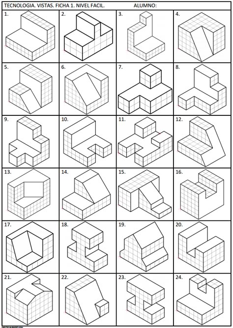 Tecnología en la ESO: Ficha 1 vistas Isometric Sketch, Isometric Drawing Exercises, Orthographic Drawing, Digital Art Software, Draw 3d, Interesting Drawings, Isometric Drawing, Isometric Art, Geometric Drawing