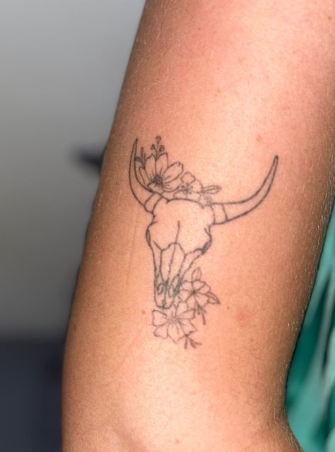 Longhorn And Flower Tattoo, Fine Line Bull Skull Tattoo, Back Of Bicep Tattoo, Bull Horns Tattoo, Long Horn Tattoo For Women, Cow Skull Tattoo Flowers, Bull Skull Tattoo With Flowers, Cow Skull Tattoo, Longhorn Tattoo