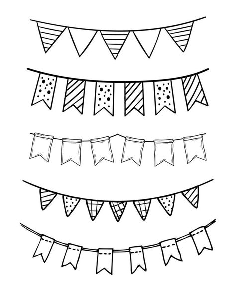 Doodle party bunting flags set. Black line sketch garlands British Tea Party, Bunting Template, Flag Drawing, Bullet Journal Ideas Templates, Banner Drawing, Line Sketch, Party Flags, Party Bunting, Diy Banner