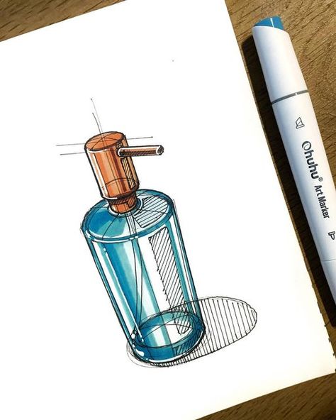 Alcohol Marker Product Sketch, Glass Marker Drawing, Object Design Sketch, Daily Objects Sketches, Ohuhu Markers Art, Objects To Draw, Bottle Sketch, Industrial Drawing, Objects Illustration