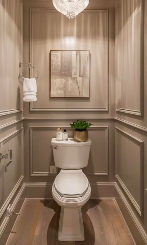 Powder Room Above Toilet, Half Bath Remodel Modern, Statement Half Bath, Traditional Half Bath, Luxury Half Bathroom Designs, Powder Room With Wainscoting, Powder Room Wainscoting, Fancy Powder Room, Color Drenched Bathroom