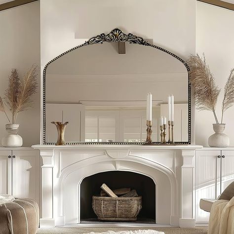 Vintage Mirror Above Fireplace, Mantle With Arched Mirror, Large Mirror On Mantle, Vintage Modern Fireplace Decor, Craftsman Mantle Decor, Ornate Fireplace Mantle, Black Mirror On Mantle, Above Mantel Wall Decor, French Organic Modern Decor