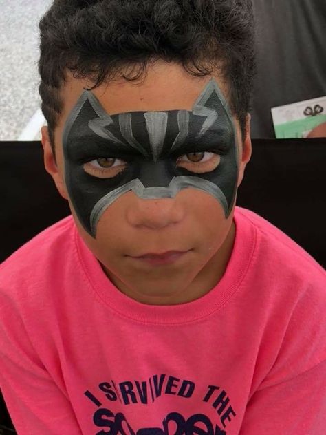 Karen Sawyer Black Panther Face Painting Design Face Paint Black Panther, Black Panther Face Paint, Black Face Paint Ideas, Marvel Face Paint, Panther Face Paint, Simple Face Painting, Superhero Face Painting, Black Panther Face, Panther Face