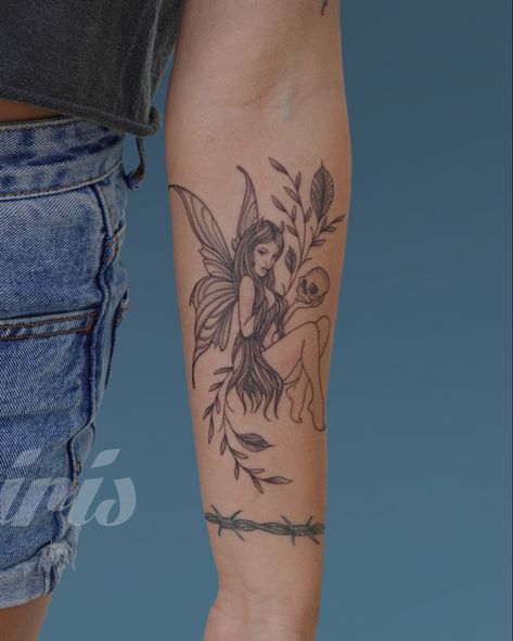 Fairy Holding Skull Tattoo, Black And White Fairy Tattoo, Fairy Witch Cottagecore Tattoos, Big Fairy Tattoo, Spooky Fairy Tattoo, Fairy Floral Tattoo, Realism Fairy Tattoo, Floral Fairy Tattoo, Nature Fairy Tattoo