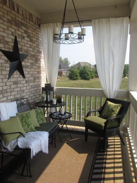 Love the idea of making a porch like another room of your house. I'd live out here in the summer.. Porch Sitting, Small Porches, Outside Living, Front Porch Decorating, Outdoor Curtains, Decks And Porches, The Porch, Porch Patio, Back Porch