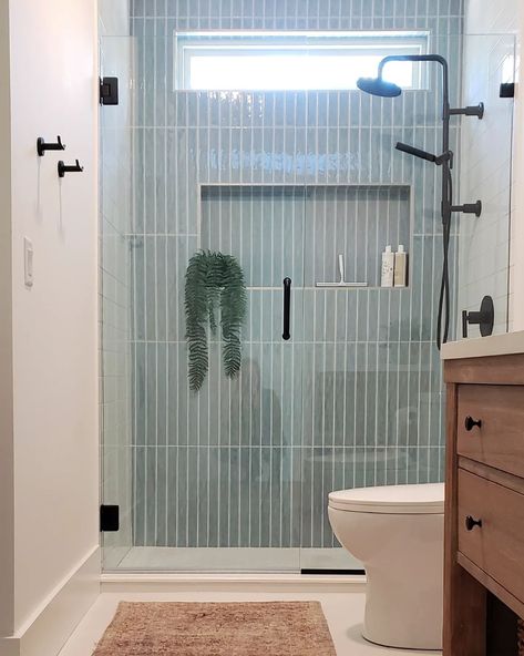 Blue Shower Tile, Subway Tiles Bathroom, Bad Inspiration, Start Cleaning, Boys Bathroom, Downstairs Bathroom, Basement Bathroom, Upstairs Bathrooms, Bathroom Redo