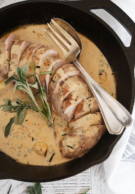 Pork Tenderloin with Creamy Herb and Garlic Sauce - Seasons and Suppers Pork Tenderloin With Cream Sauce, French Pork Tenderloin Recipes, Pork Loin Tenderloin Recipes, Pork Tenderloin Gravy Recipe, Garlic Herb Pork Tenderloin, Pork Loin Sauce, Sauce For Pork Tenderloin, Pork Fillet Recipes, Pork Roasts