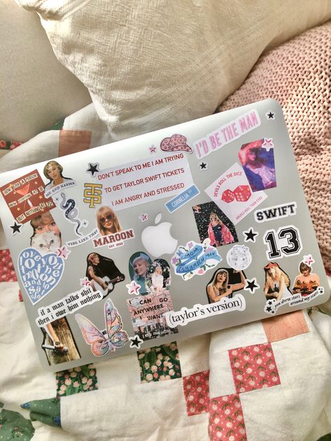 #taylorswift#swiftie#laptop#stickers#custom Laptop Stickers Taylor Swift, Macbook Stickers Ideas, Decorated Laptop, Taylor Swift Tickets, Daily Aesthetic, Laptop Case Stickers, Laptop Decoration, High School Hacks, College Essentials