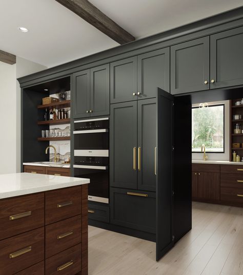 Kitchen Butlers Pantry Walk In, Back Kitchen Ideas, Dura Supreme Cabinets, Working Pantry, Kitchen Vibes, Hidden Pantry, Hidden Kitchen, Kabinet Dapur, Kitchen Pantry Design