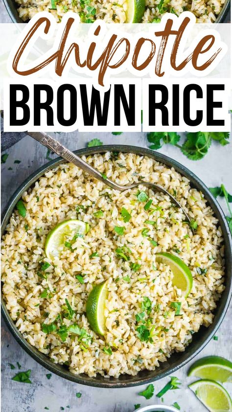 Chipotle brown rice in black bowl with spoon. Title: Chipotle Brown Rice Chipotle Brown Rice Recipe Copycat, Chipotle Copycat Recipes Brown Rice, Chipotle Brown Rice Copycat, Cilantro Lime Rice Brown, Chipotle Brown Rice Recipe, Cava Rice Recipe, Brown Cilantro Lime Rice, Best Brown Rice Recipe, Copycat Chipotle Rice