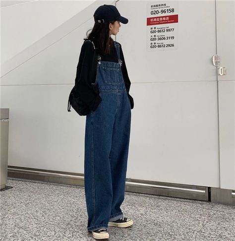 Shopherd - Wide-Leg Denim Jumpsuit | YesStyle Ootd Jumpsuit Jeans, Mixed Aesthetic, Street Preppy, Moda China, Straight Wide Leg Pants, Denim Suspenders, Denim Pullover, Jumper Pants, Overalls Vintage