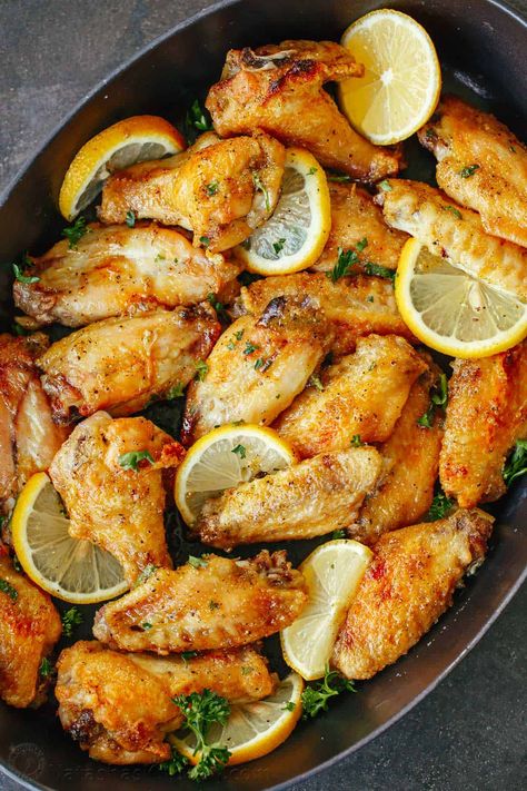 Lemon Chicken Wings Recipe, Marinated Chicken Wings Recipes, Lemon Pepper Wings Recipe, Wings Recipe Oven, Chicken Wings Recipe Oven, Baked Lemon Pepper Wings, Lemon Pepper Chicken Wings Recipe, Chicken Wing Sauce Recipes, Boozy Recipes