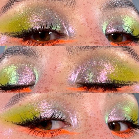 @bernovich_ - l-15 + neon 03 @cosmic_brushes - serenity @rad_not_bad - plenty will do eye & lip 009 • • • #sparklyeyeshadow #sparklymakeup #bernovich_ #neonmakeup #multichrome #multichromemakeup #multichromeyeshadow #creativemakeup #brightmakeup #cosmicbrushes #cosmicbrushesserenity Artist Makeup Looks, Green And Red Eyeshadow, Beginner Makeup Tips, Iridescent Makeup, C Beauty, Hippie Makeup, Funky Makeup, Sparkly Makeup, Neon Makeup