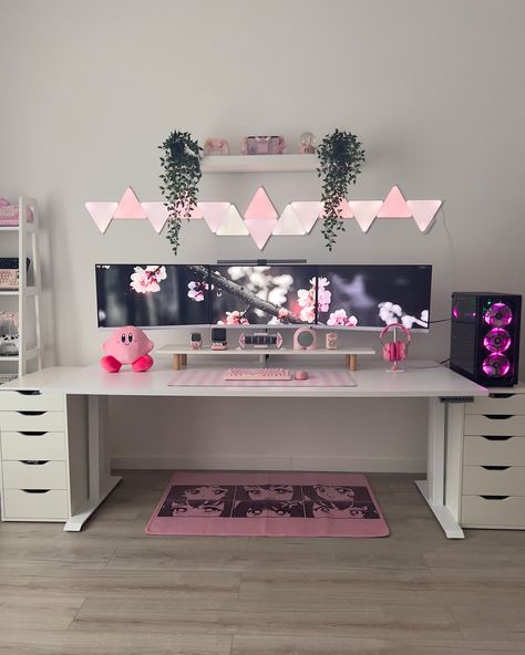 Swipe to light up my cozy home office / gaming setup >>> I’m using my Nanoleaf Shapes again!💗 This time it’s a new layout ✨ 💭What do you think about my pink setup so far? Would you add or change anything?👀 I do! 🙋🏻‍♀️I definitely need to upgrade my PC and make it pink and white😆 Also, I’m finally using my new monitor light from BenQ!🫶🏻 ᡣ𐭩 •｡ꪆৎ ˚⋅ Find all my product links & discount codes to SAVE money in my link in bio!🛍️🛒 𐙚 ‧₊˚ ⋅ ᡣ𐭩 •｡ꪆৎ ˚⋅ #pinksetup #cozysetup #pinkaesthetic #coz... Office Gaming Setup, Pink Setup, Home Office Gaming, Gamer Bedroom, Dressing Room Decor, Desk Layout, Luxury Room Bedroom, Gamer Room Decor, Cozy Home Office