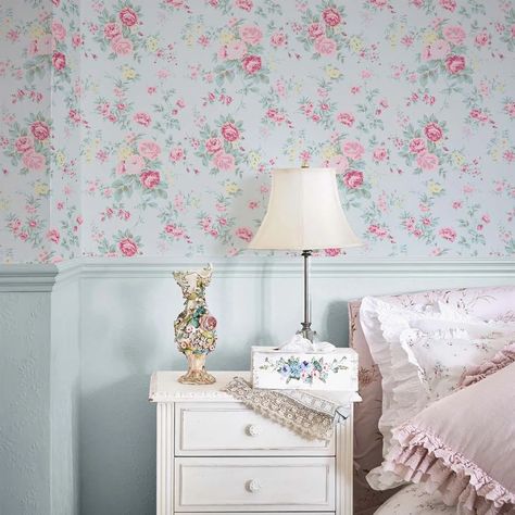 Wildflower wallpaper design features an enchanting garden floral scene inspired by an antique chintz fabric remnant from the Shabby Chic by Rachel Ashwell archive. A majestic display of traditional English wildflowers and roses creates an alluring and timeless print with an authentic vintage feel. The understated pale blue background highlights the blossoms' details and hues making it a captivating addition to any country cottage or classic interior. First introduced to the Shabby Chic collectio Floral Room Wallpaper, Flower Blue Wallpaper, English Wildflowers, English Country Decor Bedroom, Wildflower Wallpaper, Sage Background, Off White Wallpapers, Striped Tile, Shabby Chic Wallpaper