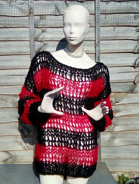 Holey punk jumper, light weight wool and acrylic mix Alt Crochet Sweater, Crochet Holey Sweater, Punk Outfits Ideas, Punk Knitting Patterns, Crochet Punk Clothes, Holey Crochet Sweater, Punk Crochet Patterns, Punk Crochet Patterns Free, Alt Crochet