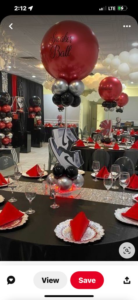 Sweet 16 Jordan Theme, Sneak Ball Party, Air Jordan 1 Party Decorations, Sneaker Gala Cake Ideas, Red Carpet Sneaker Ball, Sneaker Ball Anniversary Party, Sneaker Bday Party, Sweet 16 Sneaker Ball Centerpieces, Sneaker Ball Table Decorations