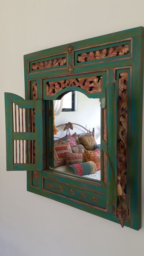 Indonesian Decor Interiors, Indonesian Inspired Interior, Indonesian House Traditional, Moroccan Mirror Cabinet, Indonesian Decor, Shutter Mirror, Antique Indonesian Furniture, Tan Stone, Mediterranean House