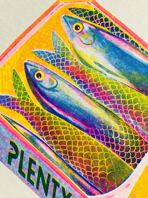 Plenty of Fish - Risograph Print. A5 - Sardine Tin Artwork. Cmyk Art, Things To Sell On Etsy, Risograph Illustration, Risograph Design, Etsy Shop Ideas, Risograph Poster, Riso Printing, Sardine Tin, Risograph Printing