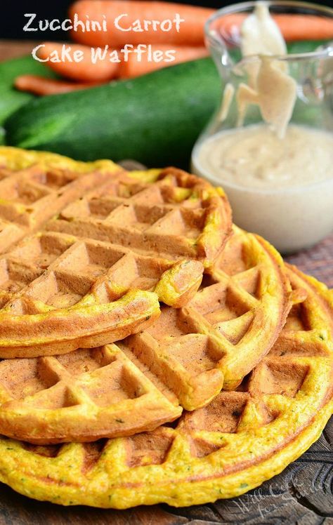 Scrumptious waffles packed with zucchini and carrots. These tasty waffles are crunchy on the outside, soft on the inside and taste like carrot cake. Zucchini Carrot Cake, Bananas Foster Sauce, Carrot Cake Waffles, Cake Waffles, Will Cook For Smiles, Zucchini Carrot, Chocolate Zucchini Muffins, Healthy Waffles, Waffle Maker Recipes