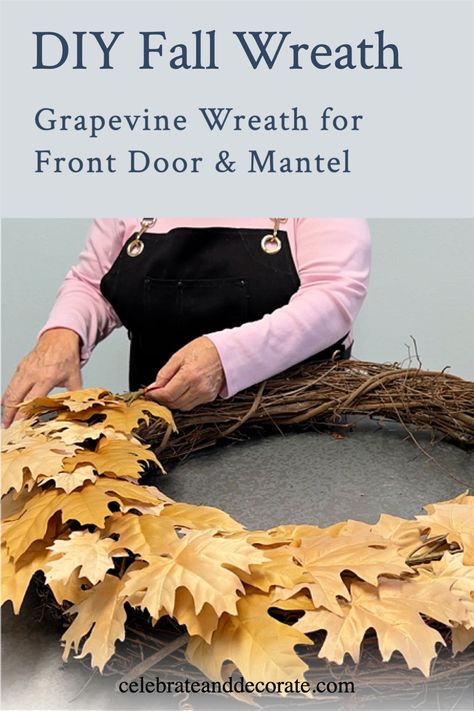 DIY Fall Wreath grapevine wreath for front door and mantel Diy Autumn Wreath For Front Door, Fall Grapevine Wreath Ideas Diy, Fall Grapevine Wreath, Fall Leaf Wreath, Diy Fall Wreath Ideas, Fall Grapevine Wreath Ideas, Fall Door Wreaths Diy, Autumn Wreaths For Front Door Diy, How To Make A Fall Wreath