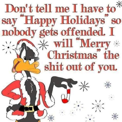 Don't tell me I have to" say Happy Holidays' so nohody gets offended I willl Christmas" the shit out of you. – popular America’s best pics and videos on the site https://americasbestpics.com Quotes Christmas Funny, Merry Christmas Memes, Funny Christmas Captions, Merry Christmas Quotes Funny, Bugs And Daffy, Merry Christmas Meme, Funny Christmas Poems, Christmas Quotes For Friends, Funny Christmas Jokes