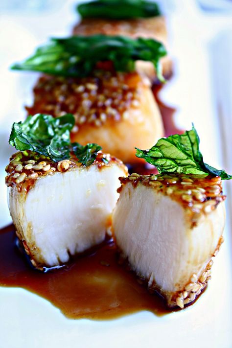 Honey Soy Glazed Sesame #Scallops with Fried Basil Leaves.  These are the best scallops I have ever had. www.wozzkitchencreations.com Fried Basil, Soy Glaze, Honey Soy, Scallop Recipes, Think Food, Seafood Dinner, Basil Leaves, Specialty Foods, Idee Pasto Sano