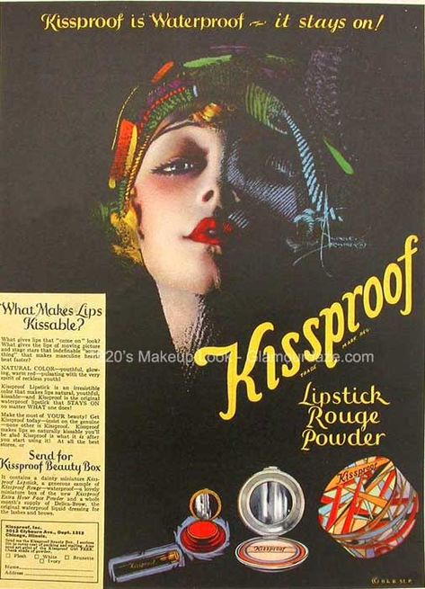 The History of 1920s Makeup - 1920 to 1929 | Glamour Daze 1920s Ads, 1920s Makeup, Kiss Proof Lipstick, Rolf Armstrong, Lipstick Ad, Vintage Makeup Ads, 1920s Women, 1920s Hair, Beauty Advertising