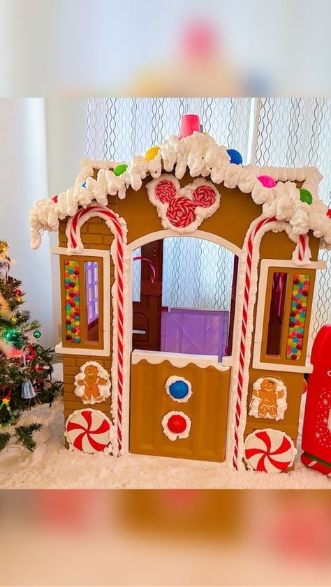 44 days until Christmas! 🎄 I had so much fun making this fun gingerbread house for my kiddos! I used @flossie_and_flair ‘s tutorial for the Mickey peppermint! | AK | meetmeonkatella · Original audio Playhouse Gingerbread House, Christmas Playhouse, Fun Gingerbread House, Gingerbread Party, Gingerbread Christmas Decor, Christmas Parade, Gingerbread Christmas, Days Until Christmas, Gingerbread Houses