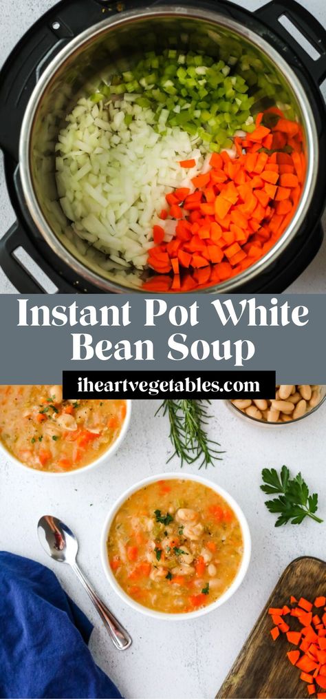 This Instant Pot White Bean Soup is infused with fresh rosemary and filled with lots of vegetables for a hearty, plant-based meal that comes together in minutes! White Bean Instant Pot Recipes, White Beans Instant Pot Recipe, 10 Bean Soup Instant Pot, Tuscan White Bean Soup Instant Pot, Bean Soup Instant Pot Recipes, White Kidney Bean Soup, Instant Pot Bean Soup No Soak, Instapot Bean Soup, Instant Pot Bean Soup Recipes