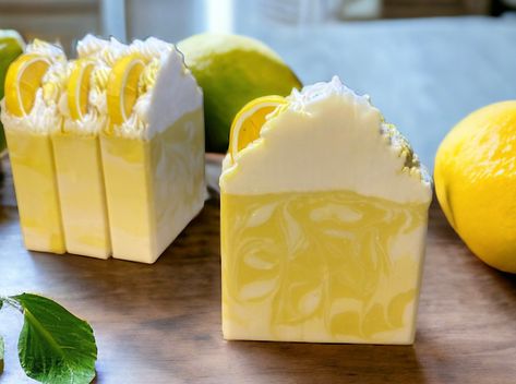 This uplifting fragrance and essential oil blend will surely brighten your day!  It is a sweet blend of citrus, sugar, lemon verbena and lemongrass.  Soap size 8.5oz Handmade cold-process soap Not only do our creative design soaps make excellent gifts for any occasion, but they are formulated with skin-loving ingredients. So give your skin the care Lemongrass Soap, Easy Soap Recipes, Dessert Soap, Handmade Soap Recipes, Lemon Soap, Mini Soaps, Homemade Soap Recipes, Lemon Verbena, Essential Oil Blend