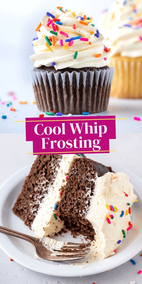 This easy cool whip frosting recipe is the perfect topping for cakes and cupcakes. In just 5 minutes with 5 simple ingredients, you'll have a delicious, creamy cool whip pudding frosting. Easy Whipped Frosting, Whipped Frosting Recipe For Cakes, Icing For Decorating Cakes, Cool Whip Icing Recipe, Whipped Frosting Recipe, Cool Whip Icing, Cool Whip Frosting Recipe, Whip Icing, Whipped Icing Recipes