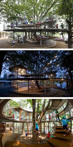 Kindergarten Around The Tree - This is suppose to be a public tree house but imagine how awesome this would be in a backyard!!! I love it! Building Around Trees, Architecture Around Trees, Architecture With Trees, Tree In Architecture, Tree Playground, Public Spaces Design, Tree House Playground, Kindergarten Architecture, Tree Architecture