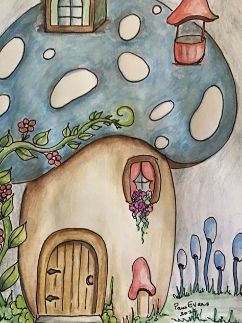 Fairy World Drawing, World Drawing Easy, Flower Garden Drawing, Toadstool House, Craft Drawing, World Drawing, Fairy Bed, Fairy World, Mushroom Drawing