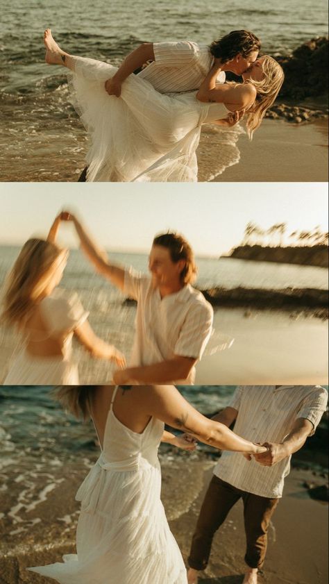 White Beach Engagement Dress, Beach Photo Engagement, Prenup Shoot Beach, Beach Aesthetic Couple Photos, Beach Wedding Picture Ideas Photography, Laguna Beach Couples Session, Beach Wedding Photo Inspiration, Engagement Photos Inspo Beach, Engagement Photos Outside Summer